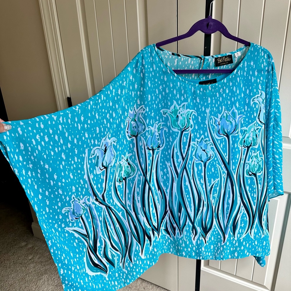 Bob Mackie Plus Size Turquoise/Purple/White Black Floral Blouse 3X
